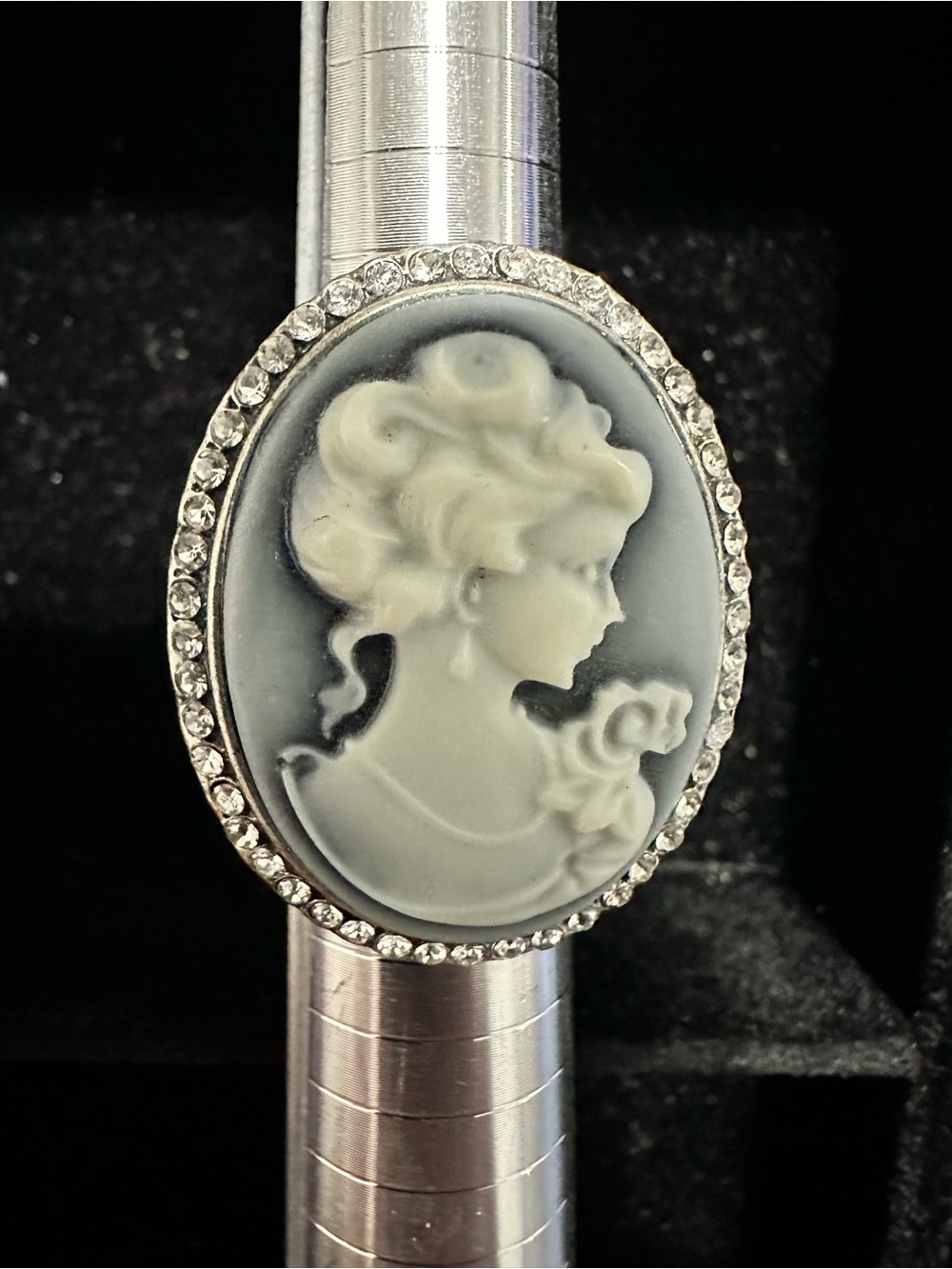Victorian Cameo Statement Ring in Gray blue and White with Crystal Accent